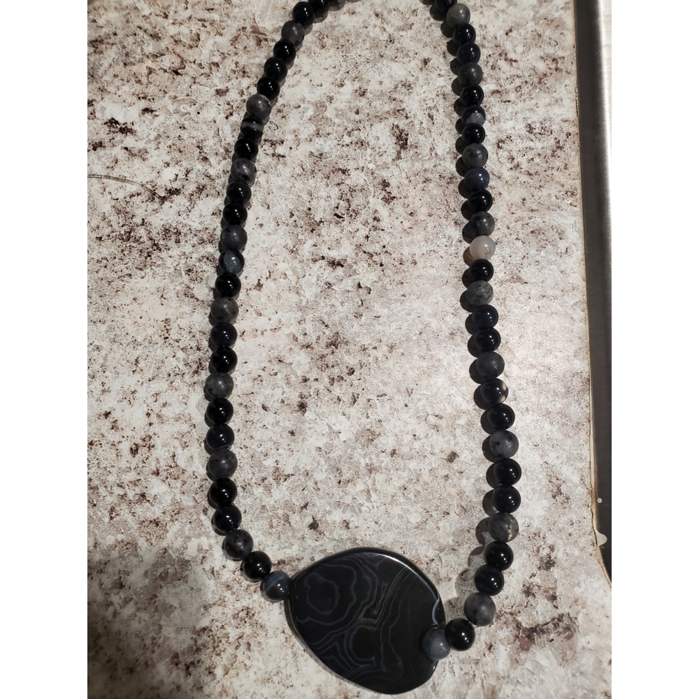 Mens Black Agate bead necklace unisex